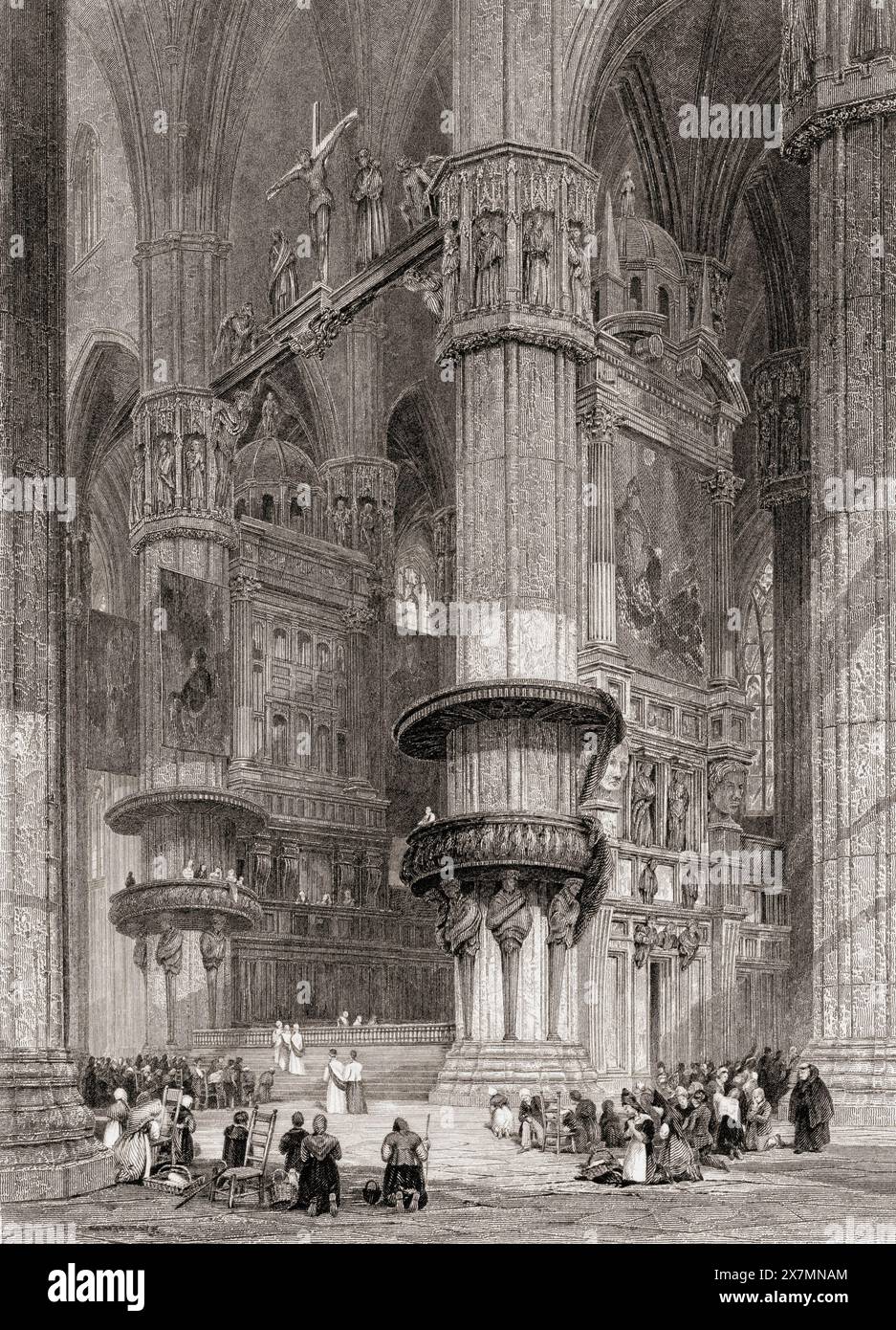 Intérieur de la cathédrale de Milan, Milan, Italie. D'après une estampe du XIXe siècle de J.D. Harding. Banque D'Images