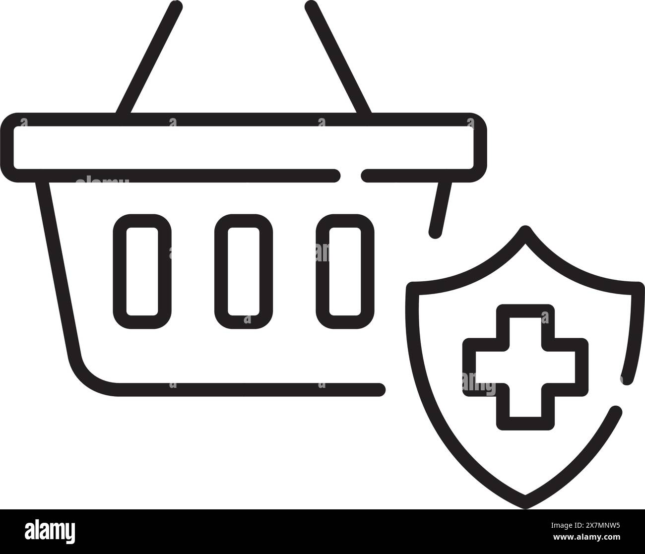 Chariot d'achat et bouclier avec croix médicale. Choisir et acheter une assurance maladie. Icône vectorielle Pixel Perfect Illustration de Vecteur