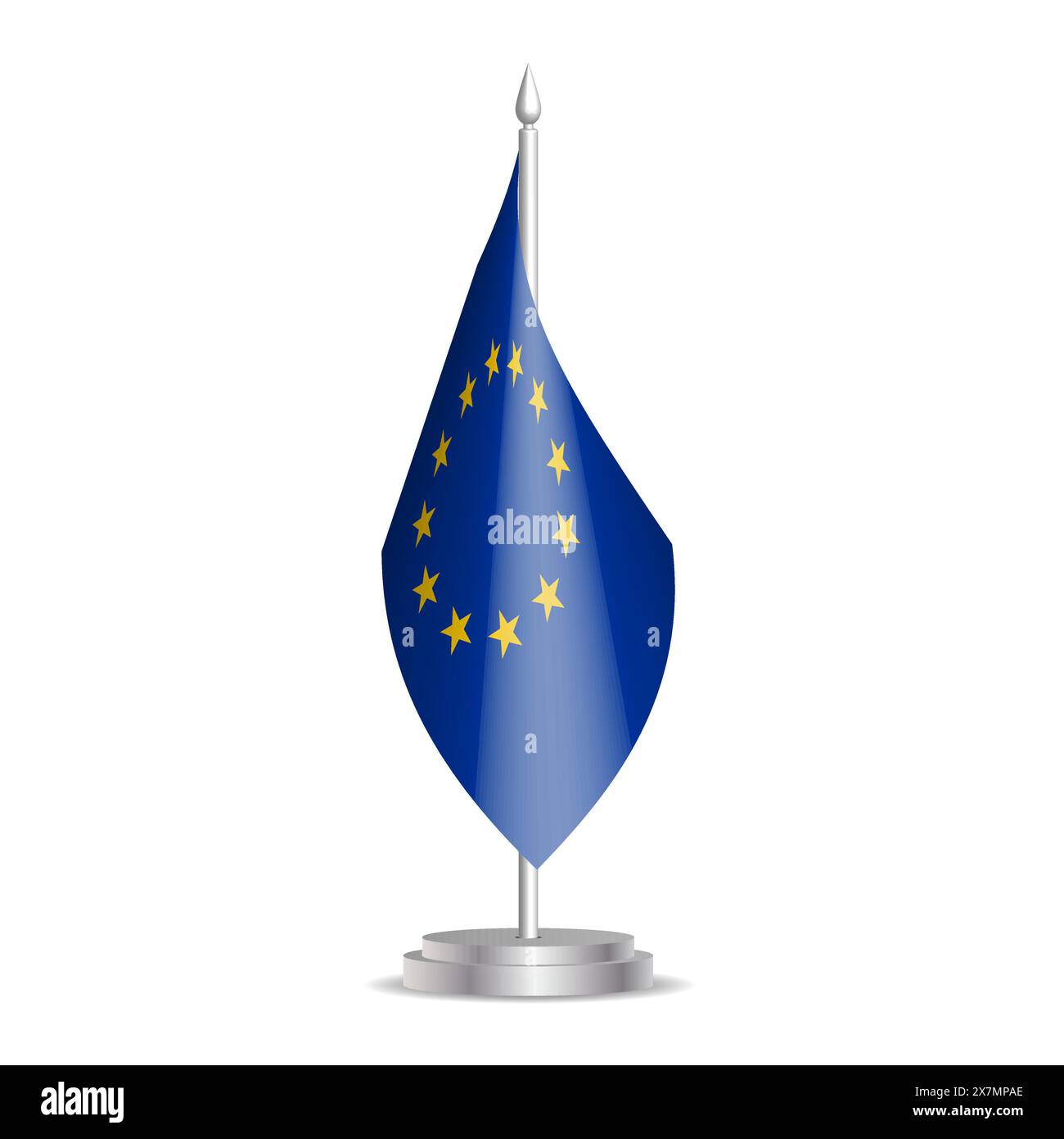 Le drapeau de l'Union européenne est affiché verticalement sur un stand argenté, avec douze étoiles dorées dans un cercle sur un fond bleu, sur fond blanc. Illustration vectorielle Illustration de Vecteur
