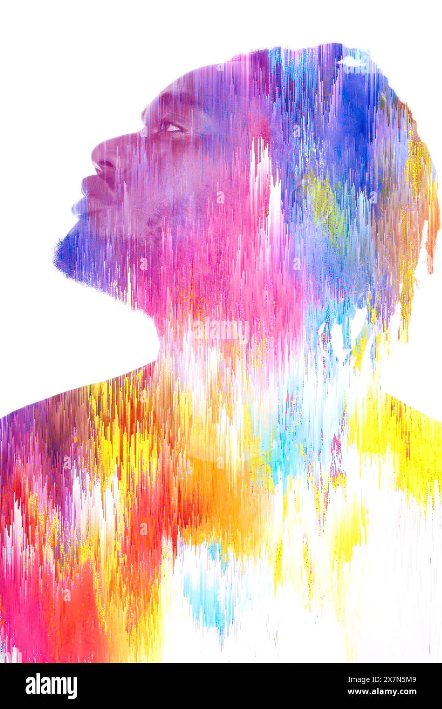 Un portrait coloré de profil double exposition fusionné avec une texture 3D glitch Banque D'Images