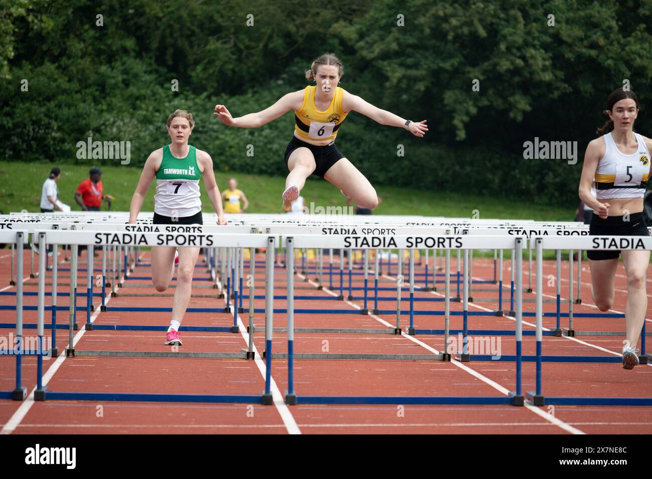 Club Athletics, 100m haies pour femmes, Leamington Spa, Royaume-Uni Banque D'Images