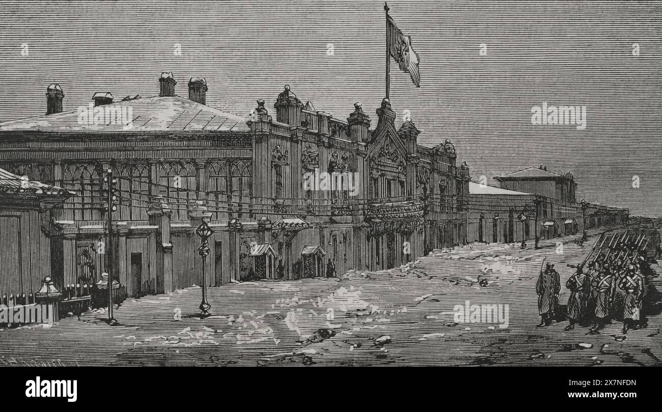 Guerre russo-turque (1877-1878). Bessarabie. Les quartiers du grand-duc Nicolas (1831-1891), commandant en chef à Chisinau (anciennement connu sous le nom de Kishinev). Gravure. 'La Guerra de Oriente' (la guerre russo-turque). Volume II. 1877. Banque D'Images