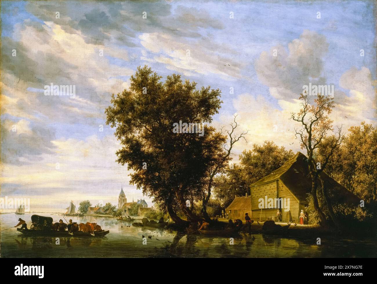 Salomon van Ruysdael, scène fluviale avec ferry, peinture de paysage à l'huile sur toile, 1650 Banque D'Images