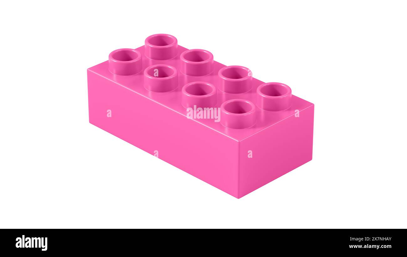 Bloc Lego en plastique rose chaud isolé sur un fond blanc. Brique de jouet pour enfants, vue en perspective. Vue rapprochée d'un bloc de jeu pour constructeurs. Illustration 3D. 8K Ultra HD, 7680 x 4320, 300 dpi Banque D'Images