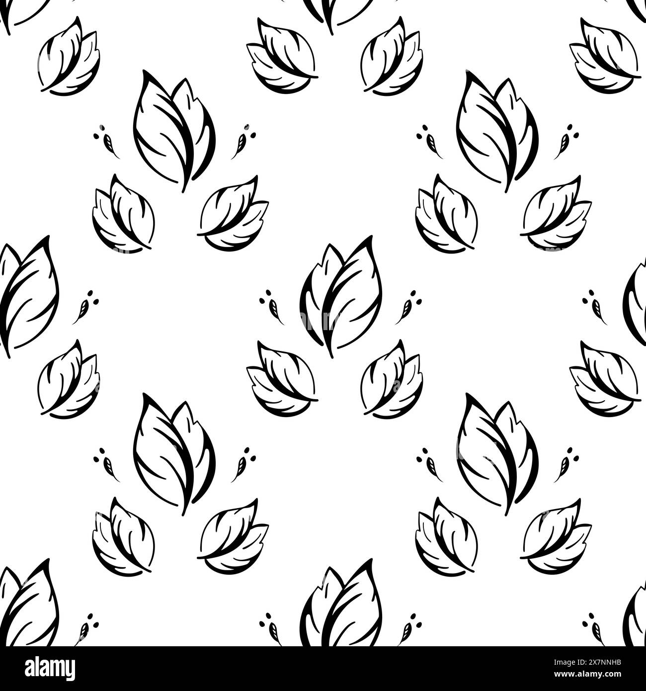 Motif feuilles sans couture contour noir. Fond botanique sans fin, impression répétée. Texture naturelle noir et blanc pour tissu, design textile. Vect Illustration de Vecteur
