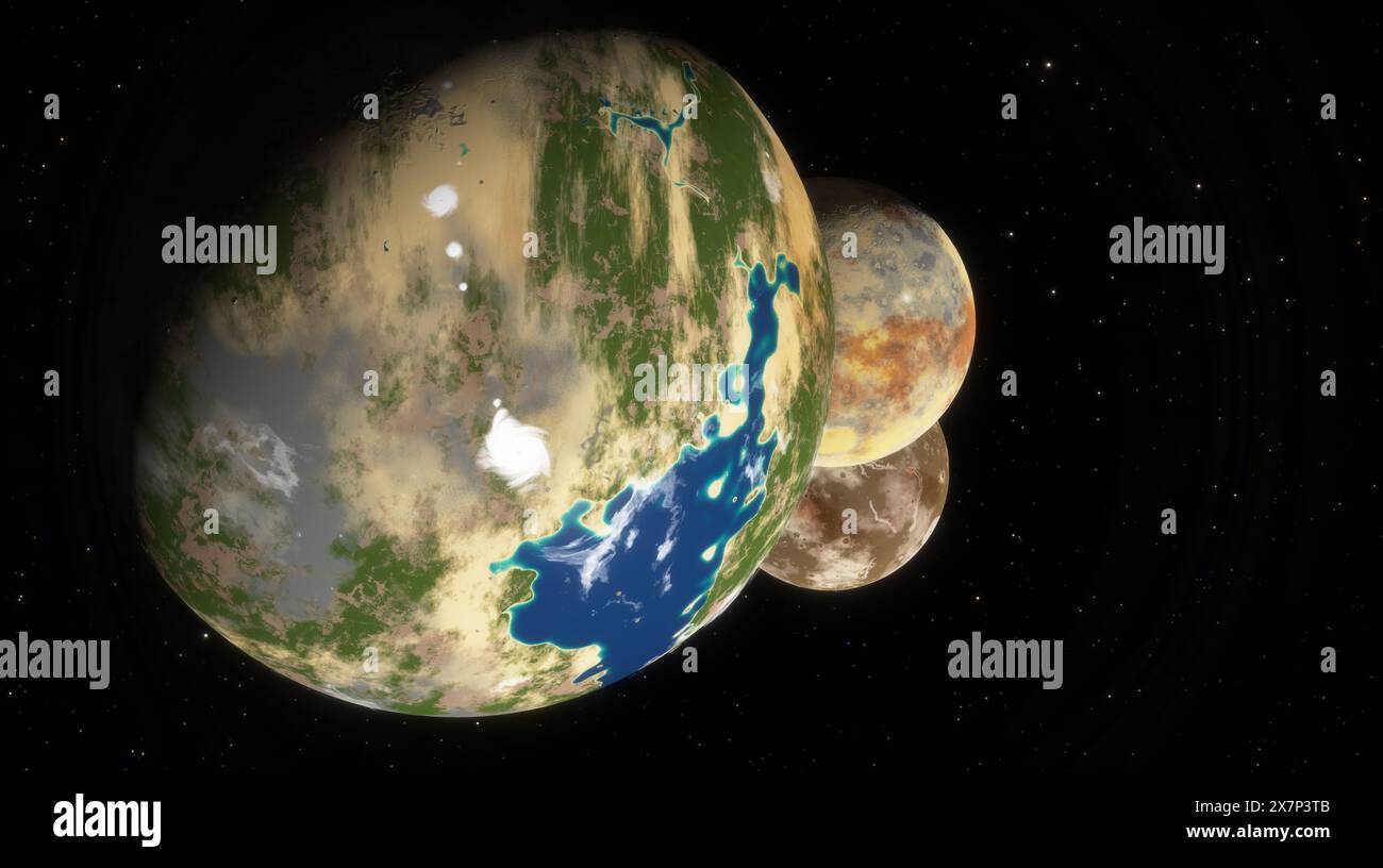 Planète terraformée avec des plans d'eau et des espaces verts, en orbite étroite autour de sa lune contre un ciel étoilé. rendu 3d. Banque D'Images