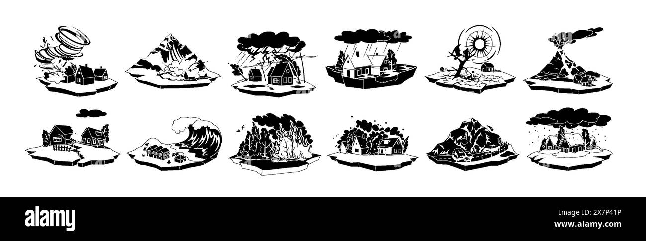 Catastrophes naturelles variation noir et blanc 2D objets de dessin animé ensemble. Accidents survivant à une collection d'objets monochromes vectoriels isolés Illustration de Vecteur