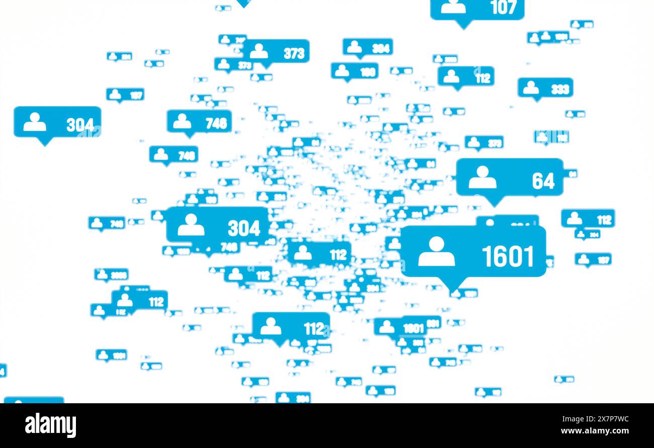 Symboles bleus de médias sociaux avec un nombre décroissant de followers volant en arrière. Symboles bleus des médias sociaux des abonnés volant à l'envers. Baisse du nombre de likes, de commentaires et de partages. Les adeptes n'aiment pas le post, les émotions négatives. img social media002s02 likes moving Banque D'Images