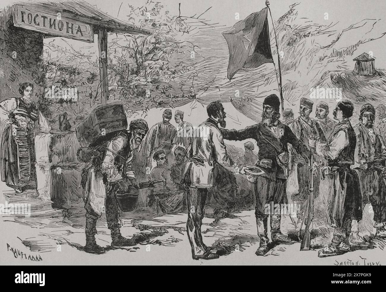 La question orientale. Guerres serbo-ottomanes (1876-1878). La Serbie déclara la guerre à l'Empire ottoman le 30 juin 1876. Serbie. Organisation de groupes insurgés. Dessin de P. Kauffmann. Gravure de Smeeton Tilly. 'La Guerra de Oriente' (la guerre russo-turque). Volume III. 1878. Auteur : Smeeton Tilly (1840-1898). Imprimeur français. Banque D'Images