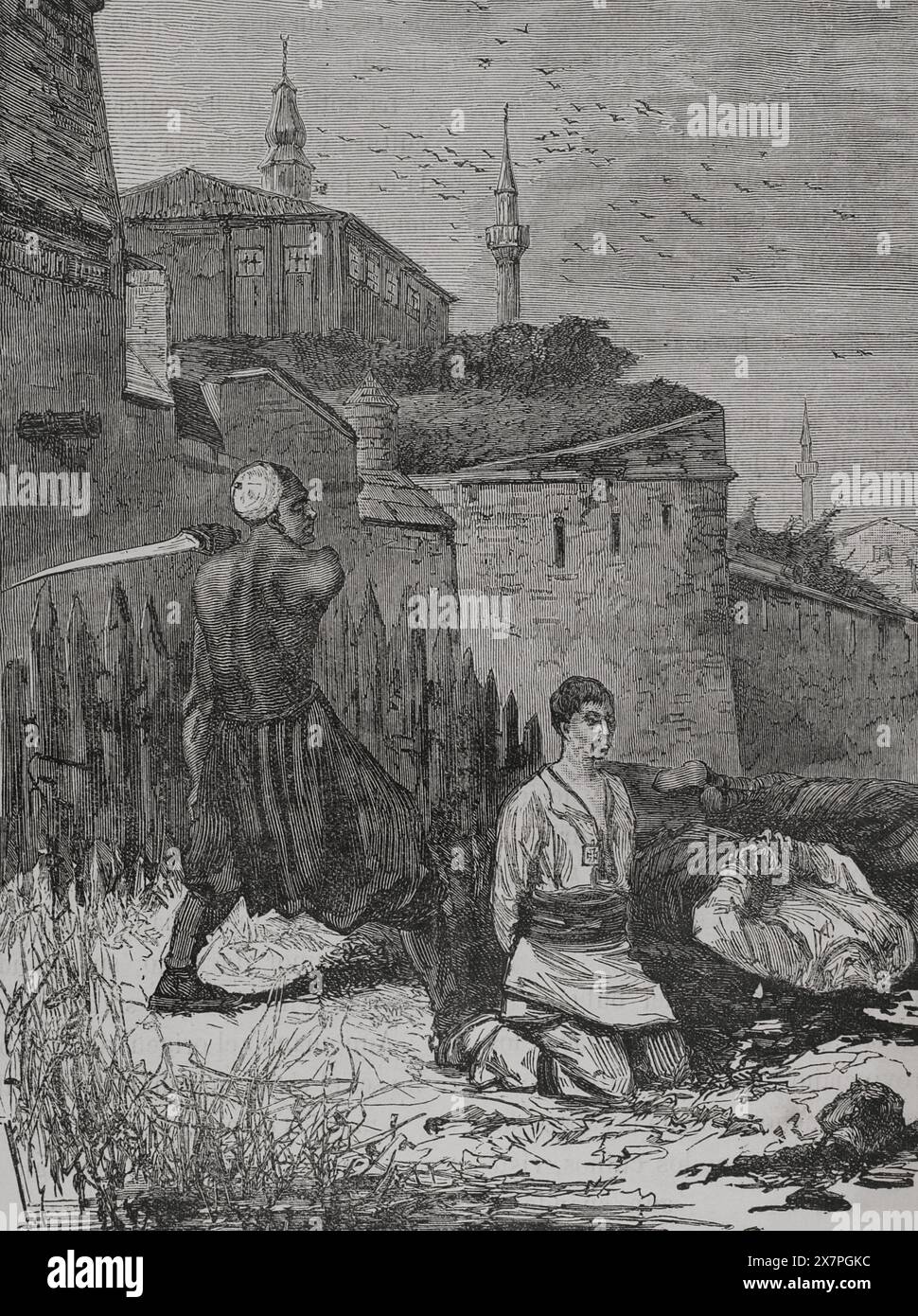 La question orientale. Guerres serbo-turques (1876-1878). La Serbie déclara la guerre à l'Empire ottoman le 30 juin 1876. Le soulèvement d'avril 1876 a été vécu par une forte répression de la part des autorités turques en Bulgarie. Exécution d'insurgés bulgares à Vidin. Gravure. 'La Guerra de Oriente' (la guerre russo-turque). Volume II. 1877. Banque D'Images