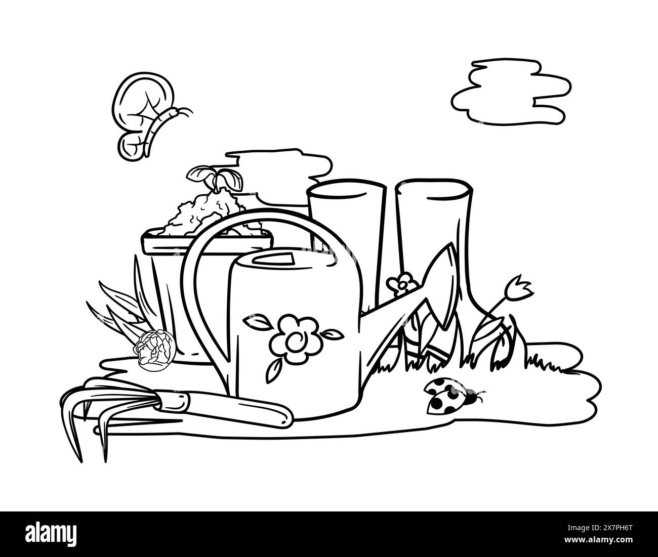 Livre de coloriage avec des outils de jardinage, arrosoir, pot de fleurs, bottes en caoutchouc et nature printanière. Image en noir et blanc Illustration de Vecteur