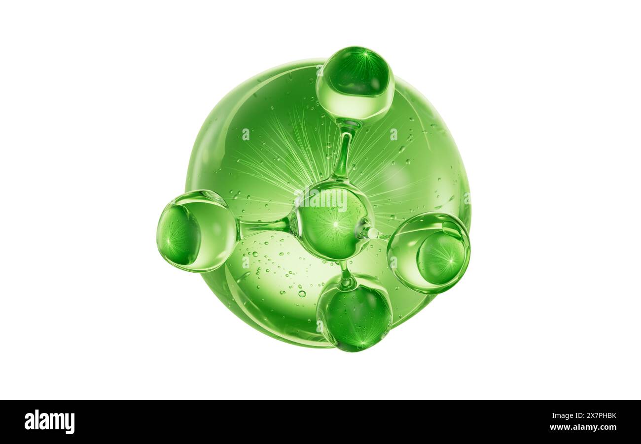 Molécule et boule liquide cosmétique verte, rendu 3D. Illustration 3D. Banque D'Images