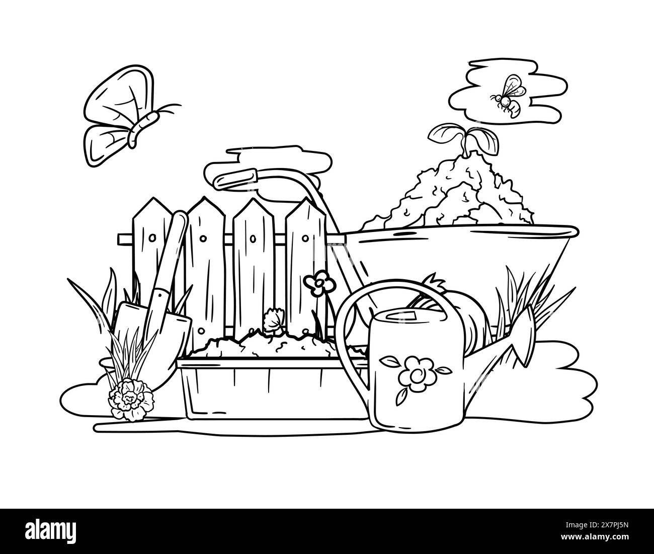 Livre de coloriage avec outils de jardin, clôture, chariot, arrosoir, pots de fleurs et nature printanière. Image vectorielle noir et blanc Illustration de Vecteur