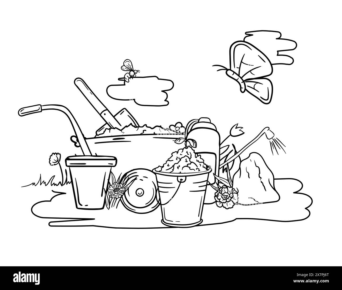 Livre de coloriage pour les enfants avec des outils de jardin, brouette, pelle, pots de fleurs et nature printanière. Image en noir et blanc Illustration de Vecteur