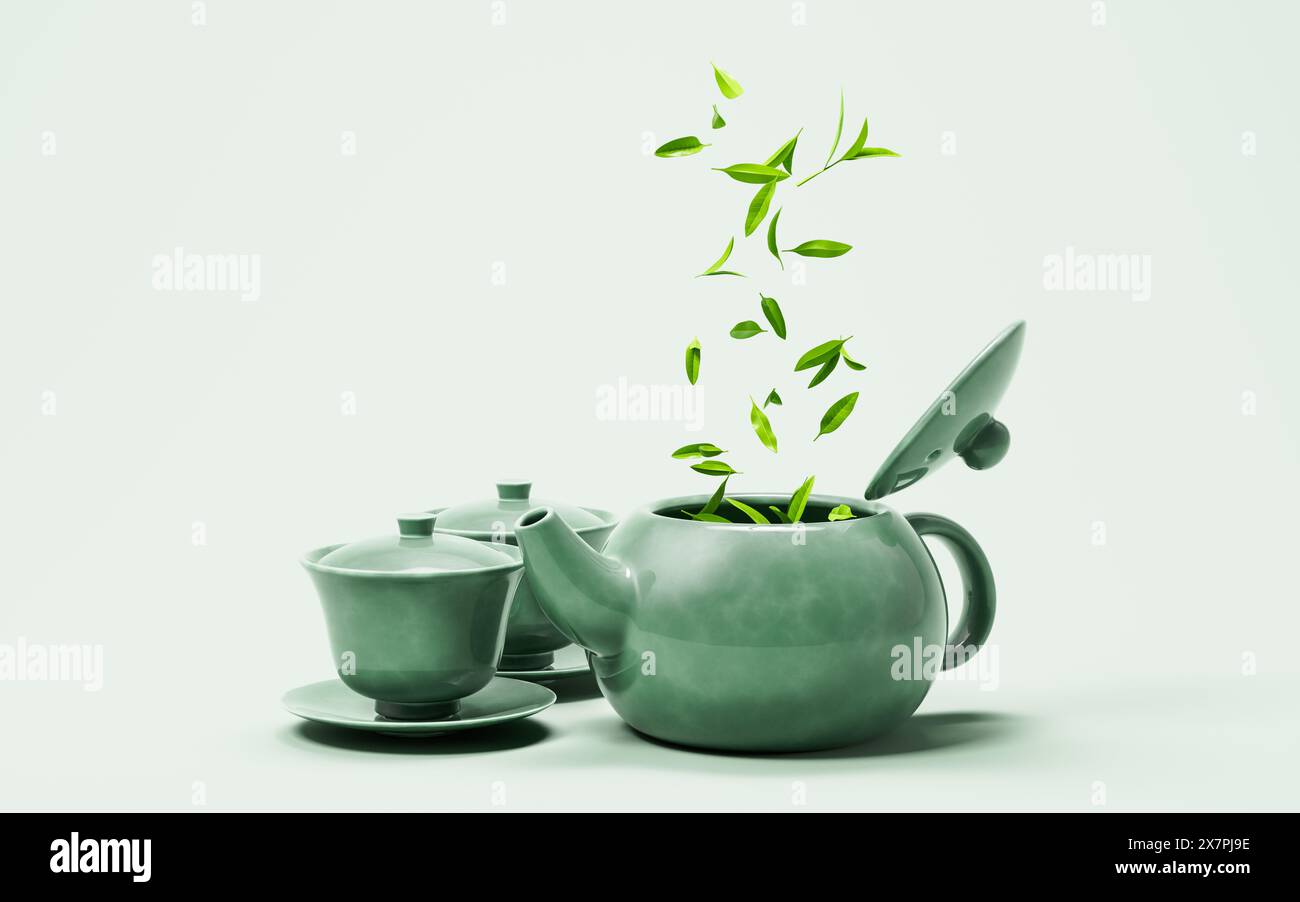 Théière ancienne chinoise et tasse à thé avec des feuilles de thé, rendu 3D. Illustration 3D. Banque D'Images
