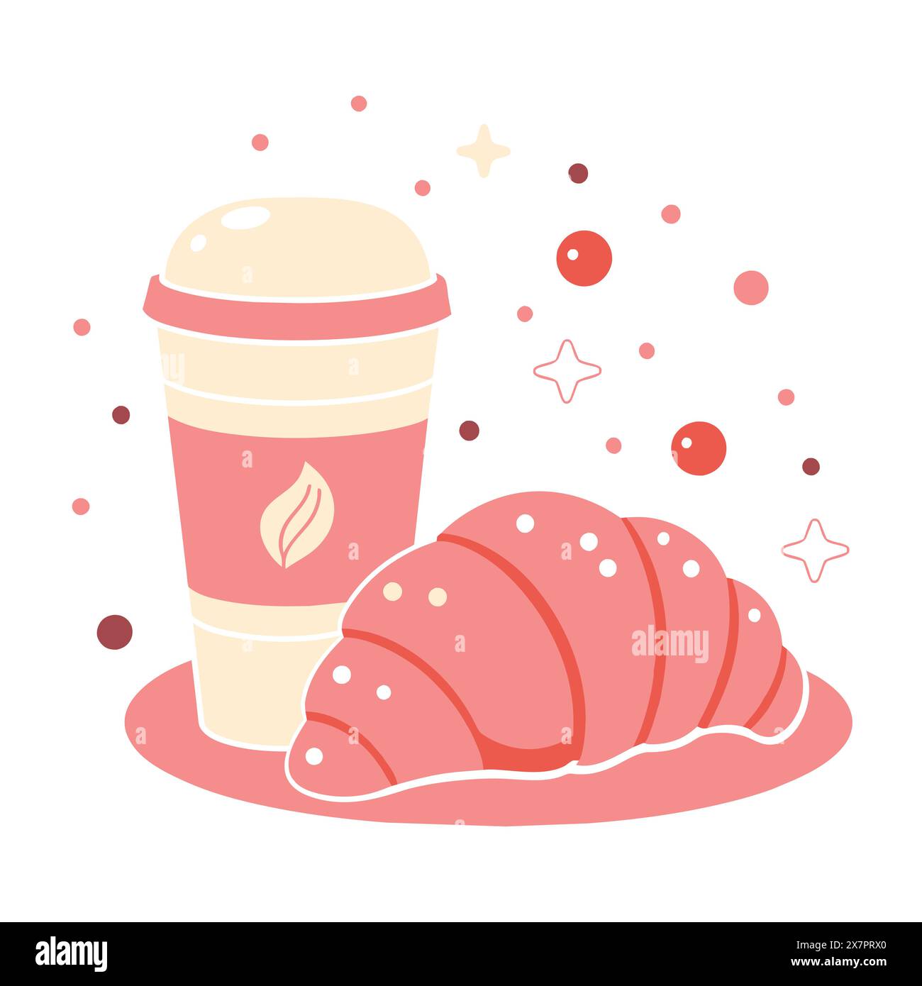 Tasse de thé au café et illustration vectorielle stylisée de croissant dans les couleurs rose et beige, isolé sur un fond blanc. Illustration vectorielle Illustration de Vecteur