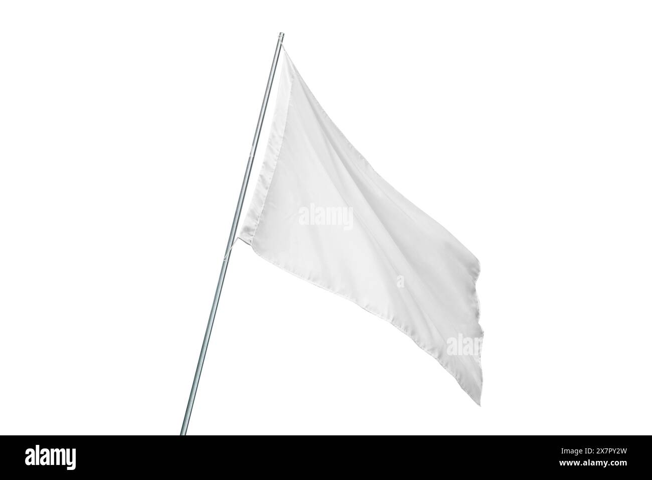 Un drapeau blanc agite dans le vent. Isolé en blanc. Parfait pour l'état ou la maquette de drapeau publicitaire avec une texture propre Banque D'Images