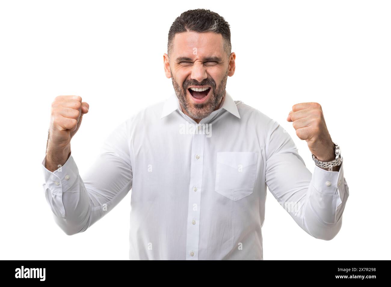 Man in White shirt tenant les poings en place Banque D'Images