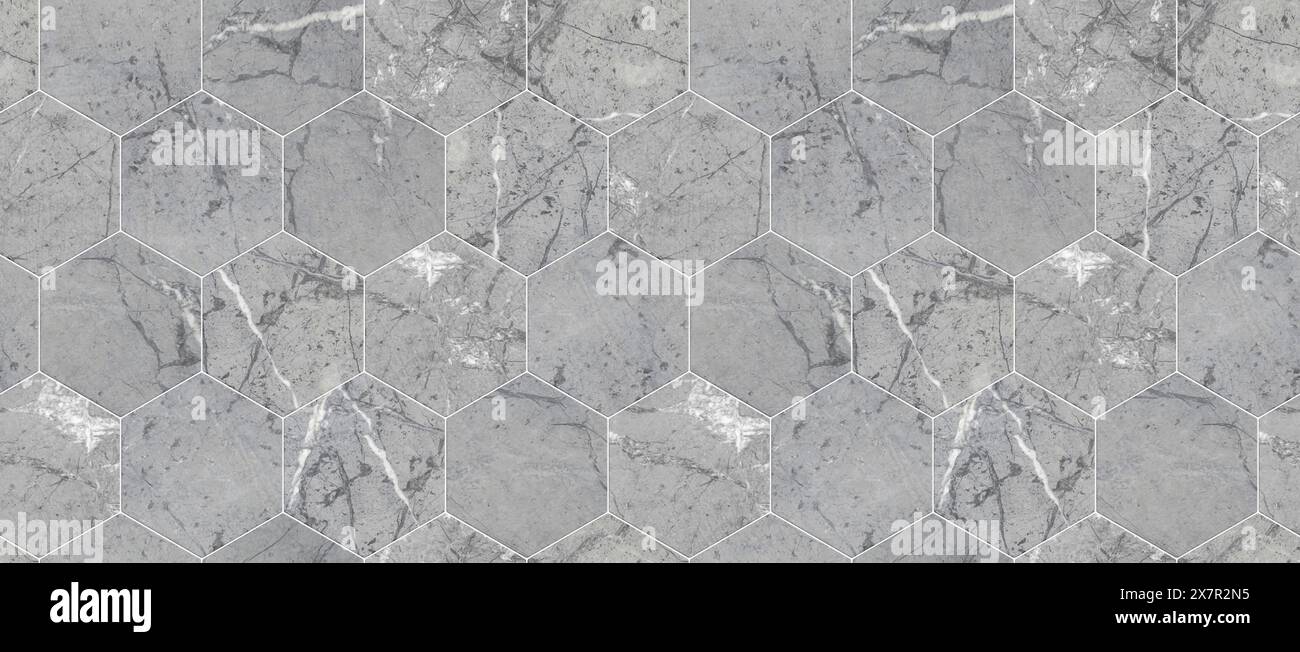 Un motif sans couture de carreaux hexagonaux en marbre gris adapté aux arrière-plans, aux textures et aux motifs de revêtement de sol. Banque D'Images