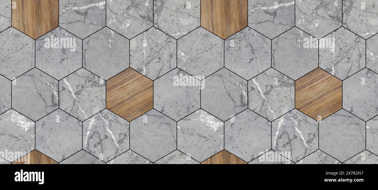 Un motif sans couture avec des carreaux hexagonaux alternés avec des textures réalistes de marbre et de bois, idéal pour les intérieurs modernes. Banque D'Images