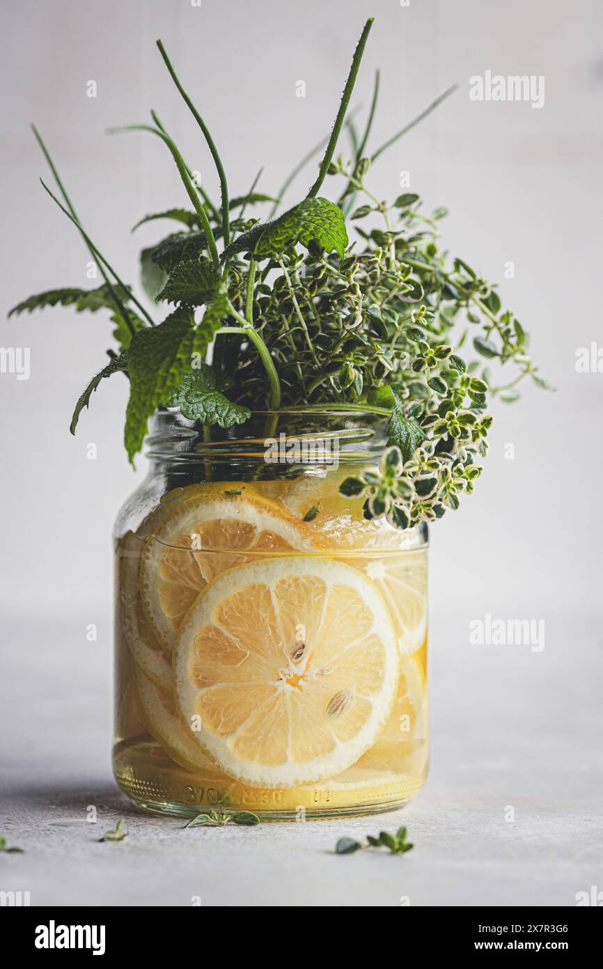 Citrons frais tranchés et herbes aromatiques dans un bocal en verre, sur fond clair pour une ambiance rafraîchissante. Banque D'Images