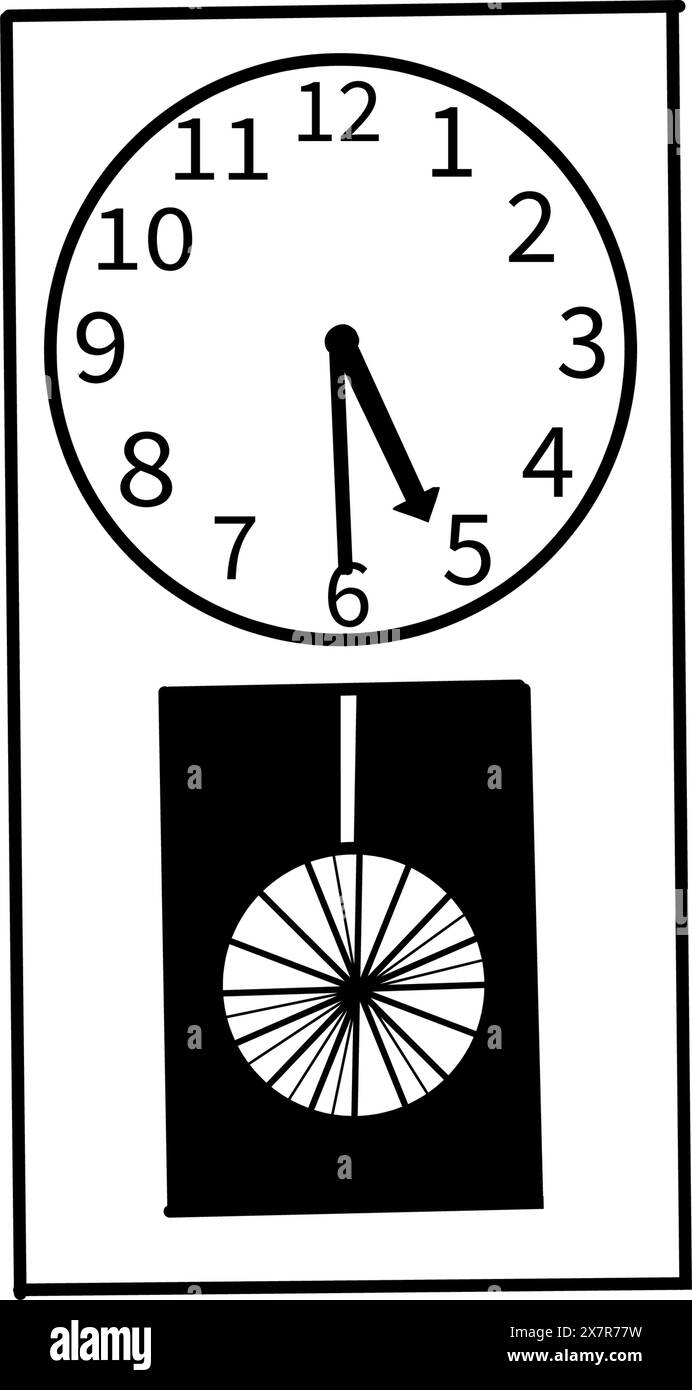 Horloge murale avec gâche et pendule, avec cadran. Illustration vectorielle. Horloge dessinée en vecteur en noir, contour noir sur fond blanc. Pour la conception. Illustration de Vecteur