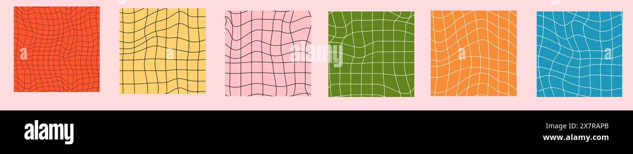 Ensemble de fond en damier psychédélique. Illustrations vectorielles ondulées, style psychédélique à la mode et damier de couleur groovy. Illustration de Vecteur