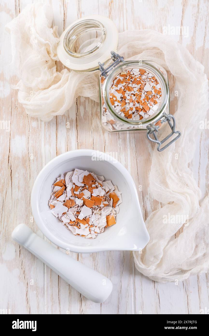 Préparation de coquilles d'œufs broyées pour lit de légumes, coquilles d'œufs stockées pour la fabrication d'engrais naturels pour la culture de légumes, concept de durabilité Banque D'Images