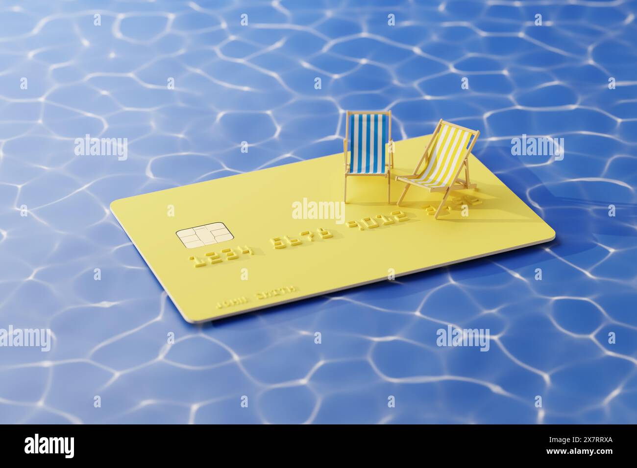 Utilisation d'une carte de crédit pour payer le concept de vacances d'été. Deux chaises pliantes de plage sur une carte de crédit surdimensionnée avec piscine bleue environnante w Banque D'Images