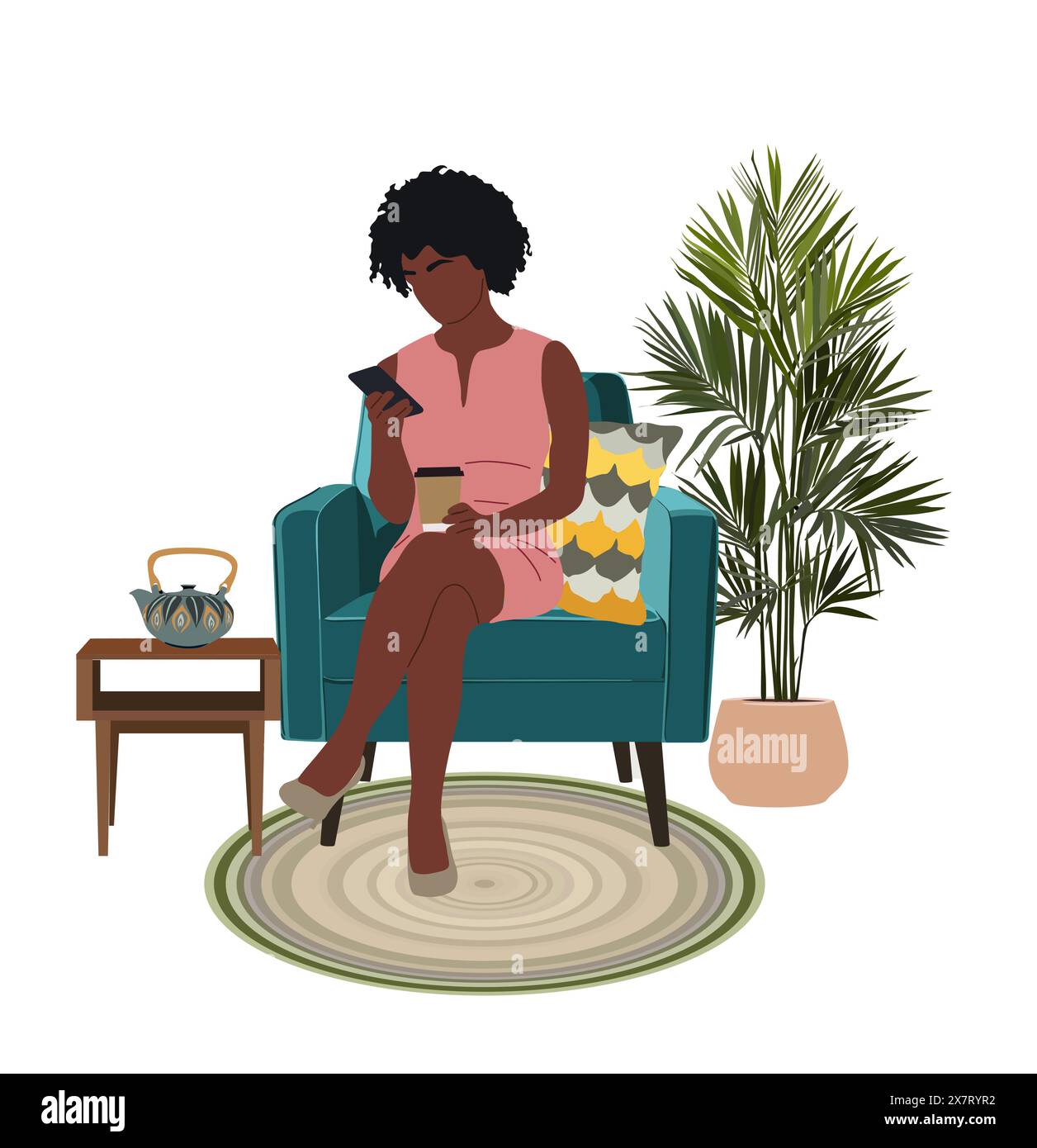 Femme noire assise dans une chaise avec un téléphone portable. Illustration de Vecteur