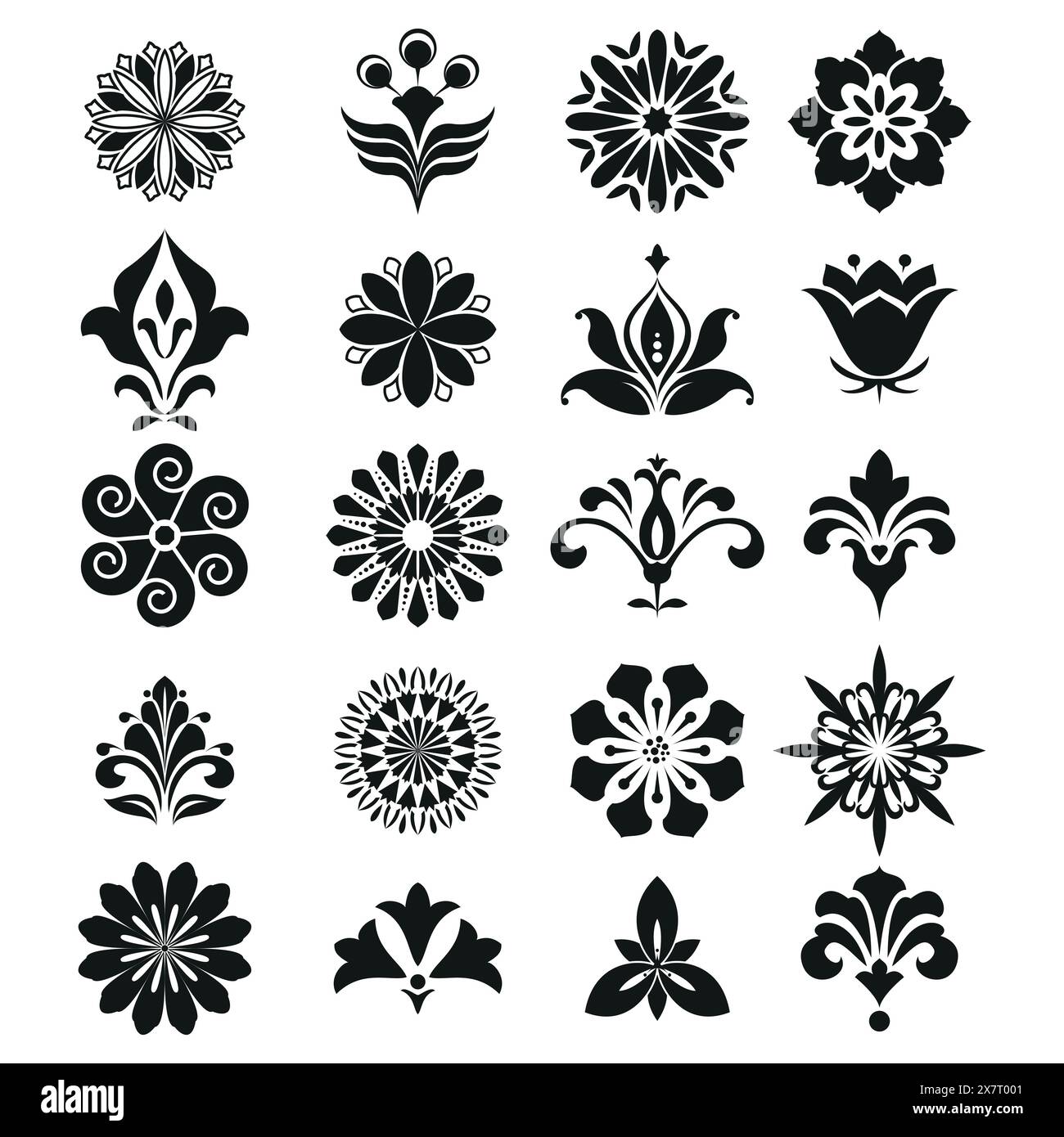 Ensemble floral vectoriel. Conception de printemps ou d'été pour invitation, mariage ou cartes de voeux. Éléments de conception dans un style graphique. Ornement blanc et noir Illustration de Vecteur