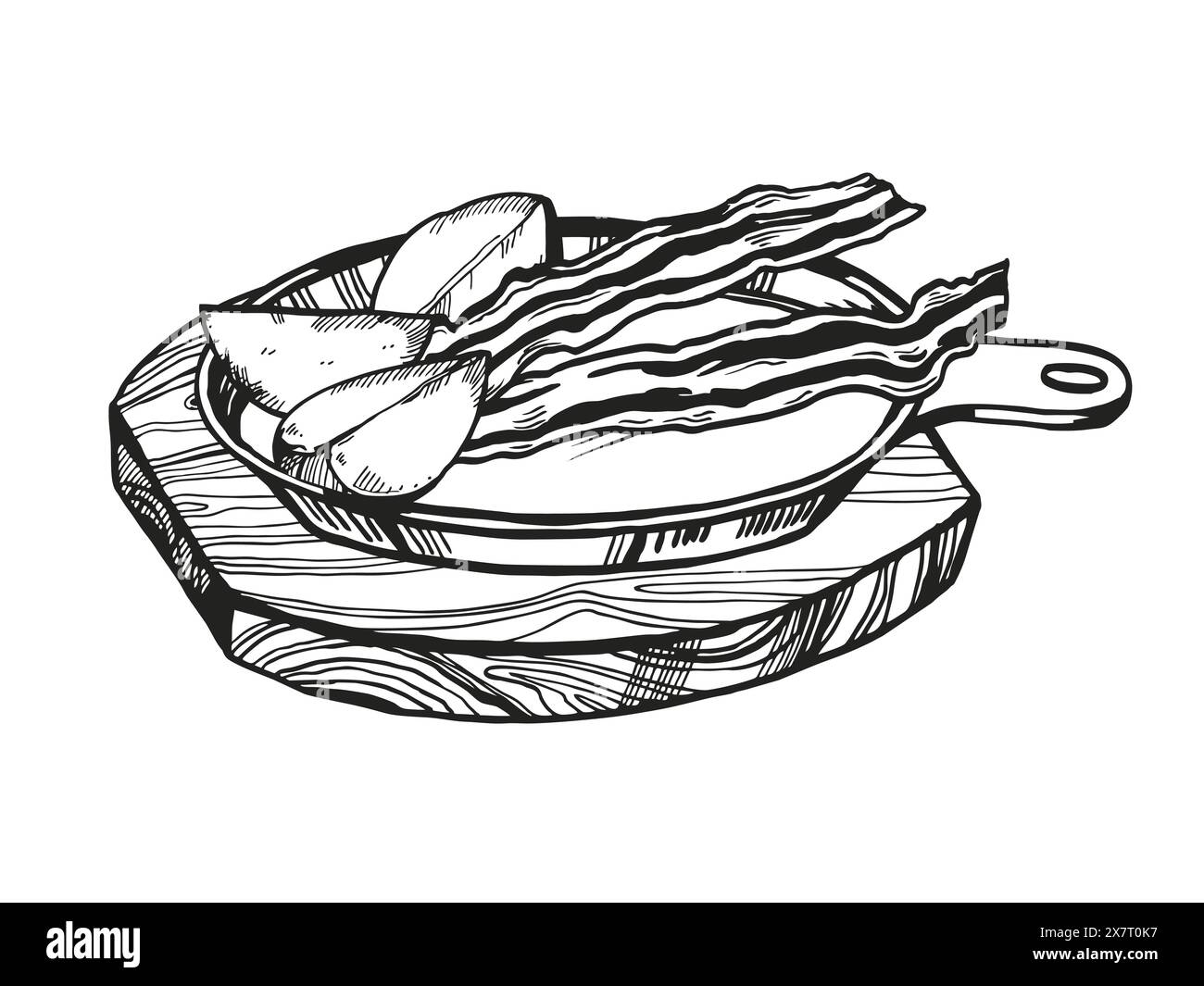Croquis vectoriel dessiné à la main de lanières de bacon frites au four, tranches de pommes de terre frites sur une poêle en fer sur une planche à découper en bois, illustration noire et blanche, dans Illustration de Vecteur