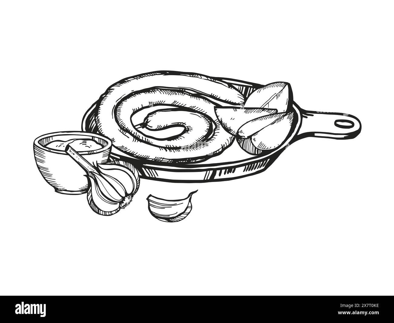 Saucisses grillées dessinées par vecteur à la main sur poêle à frire en fer sur planche à découper en bois, sauce et ail, illustration de nourriture à l'encre pour le thème de la bière, noir et blanc Illustration de Vecteur