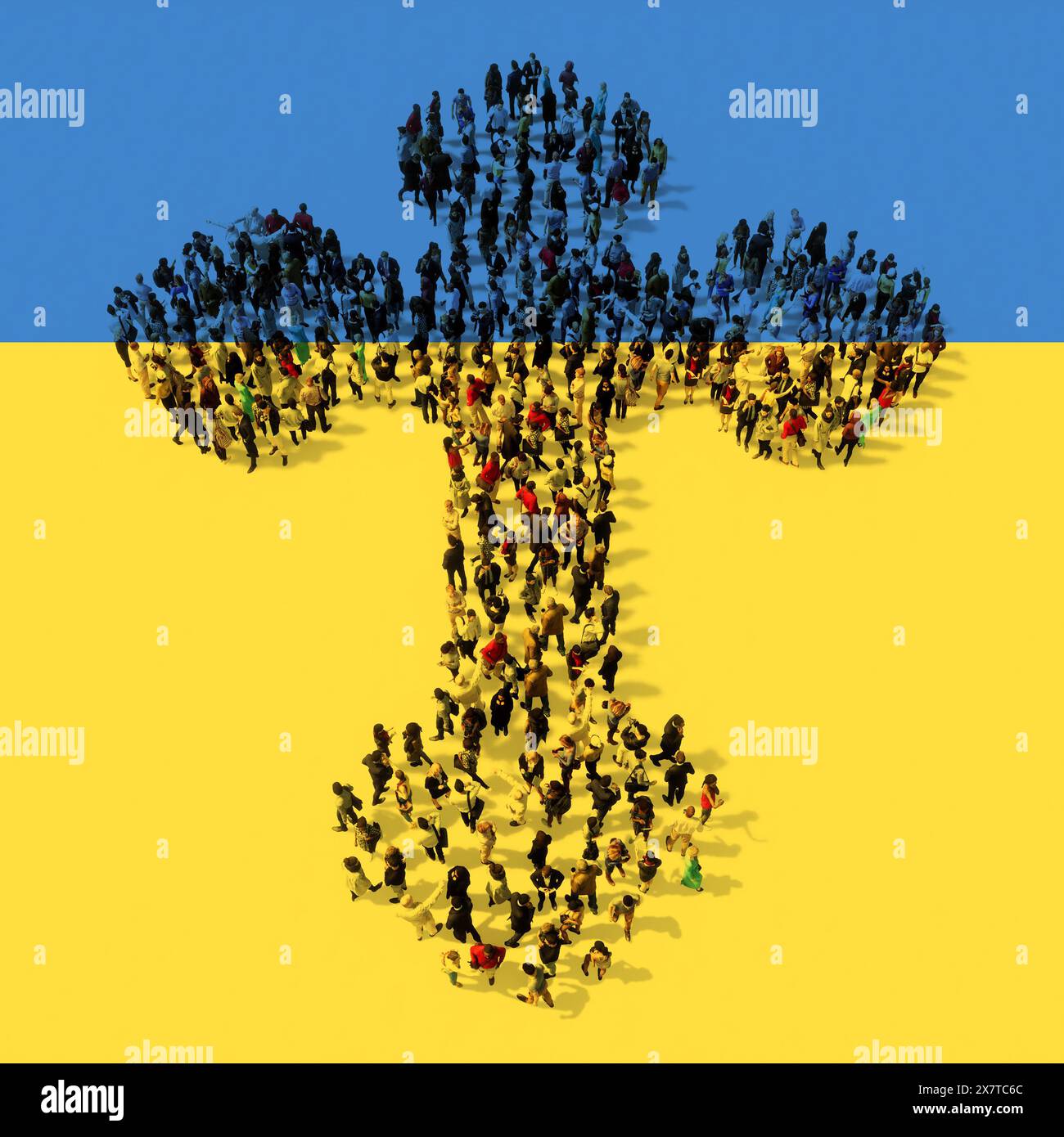 Concept ou communauté conceptuelle de personnes formant l'image de la croix chrétienne religieuse sur le drapeau ukrainien. 3D métaphore de l'illustration pour Dieu, Christ Banque D'Images