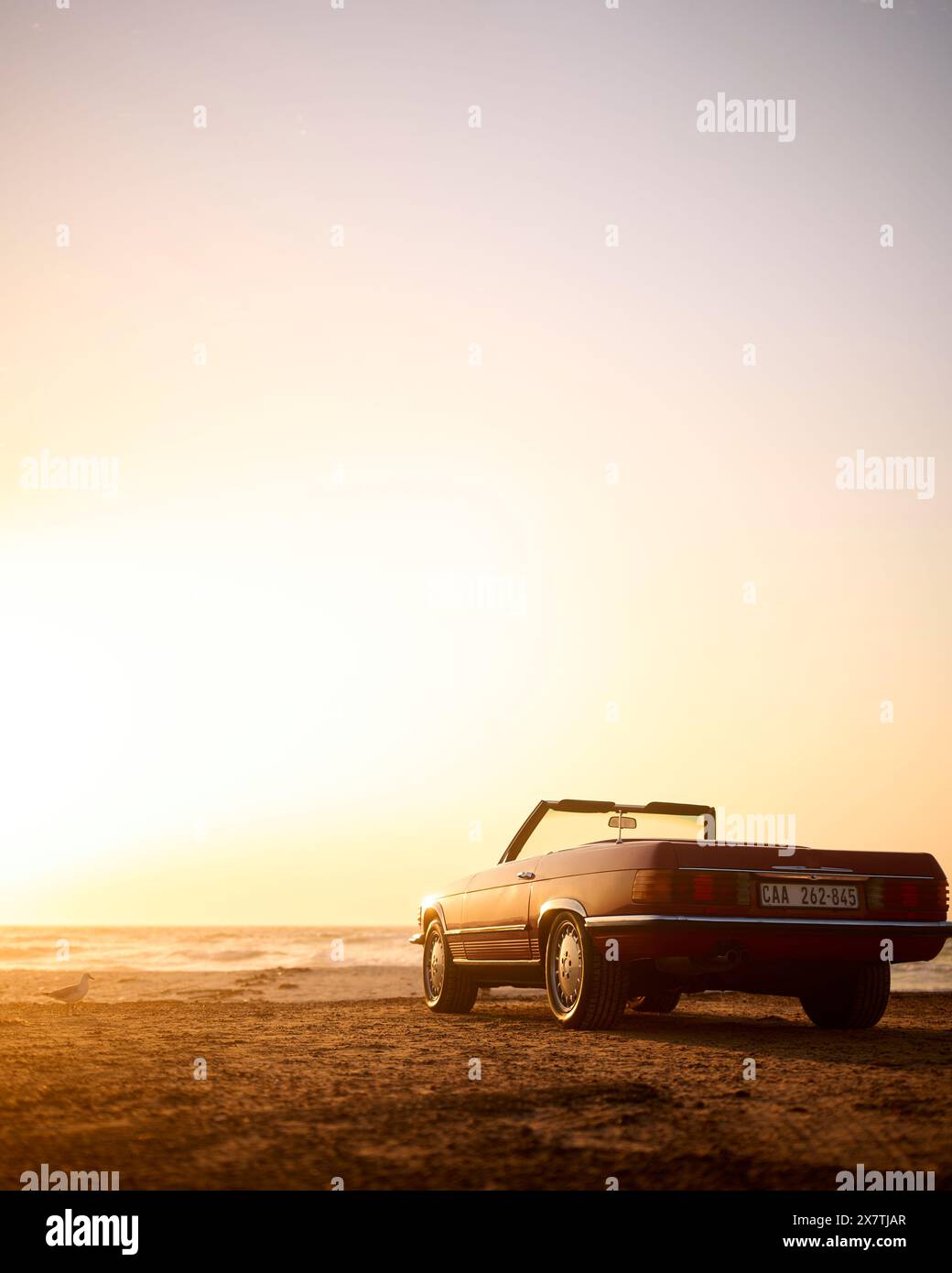 Voiture de sport décapotable classique sur le rivage de la plage au lever du soleil Banque D'Images