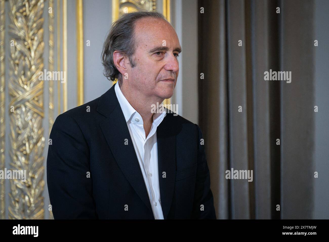 Paris, France. 21 mai 2024. Le PDG français du groupe Iliad et Free Telecom Xavier Niel intervient lors d'une rencontre avec des membres du secteur de l'intelligence artificielle dans le cadre d'un sommet sur l'intelligence artificielle organisé par le Président de la République française à l'Elysée à Paris, France, le 21 mai 2024. Photo par Eric Tschaen/Pool/ABACAPRESS. COM Credit : Abaca Press/Alamy Live News Banque D'Images