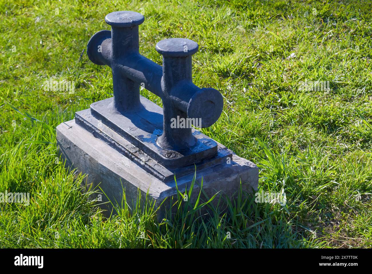 Double borne d'amarrage en fonte sur un fond de pelouse d'herbe verte gros plan. Banque D'Images