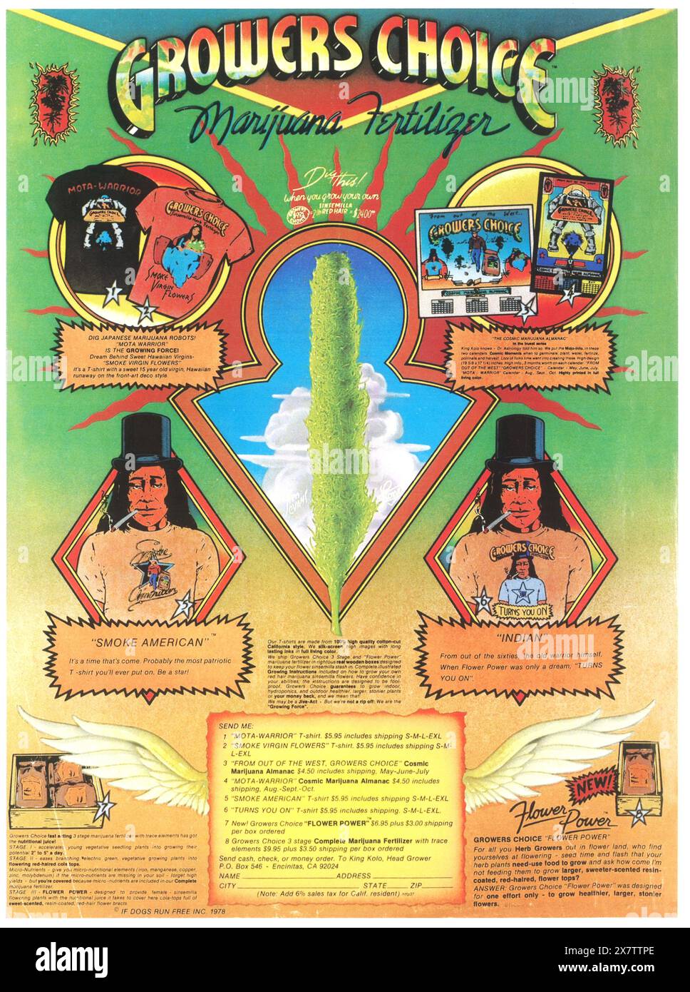 1978 Crowers Choice marijuana Fertilizer ad - T-shirts cosmiques marijuana Almanac, Growers Choice 'Flower Power' Banque D'Images