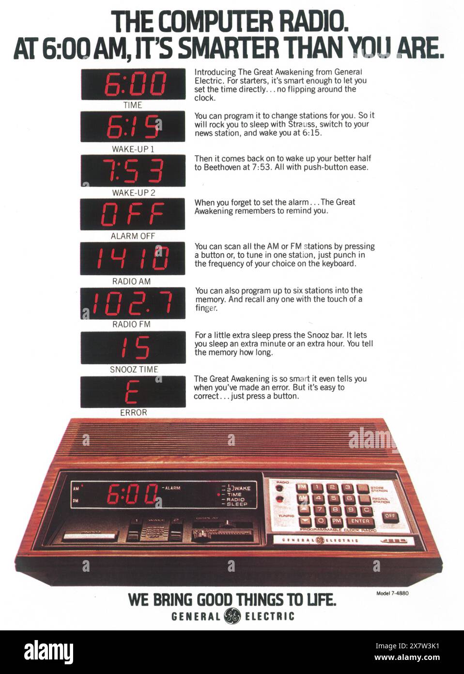 Publicité pour radio-réveil General Electric 1979 - « la radio informatique » Banque D'Images