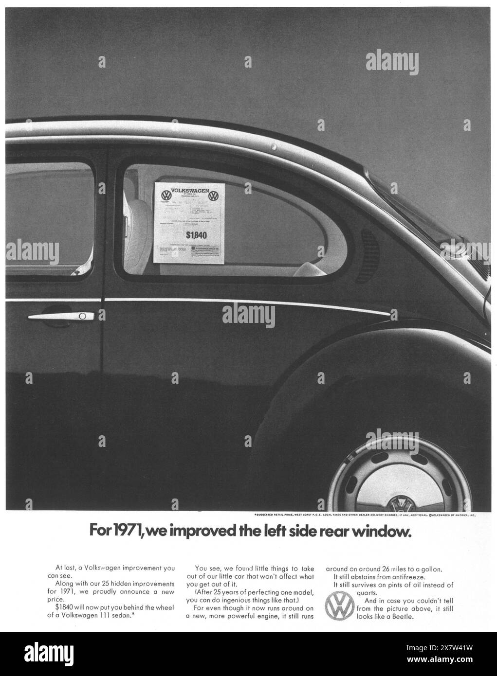 Publicité Volkswagen VW Beetle 1971 - « nous avons amélioré la lunette arrière gauche » Banque D'Images Publicité Volkswagen VW Beetle 1971 - « nous avons amélioré la lunette arrière gauche » Banque D'Images