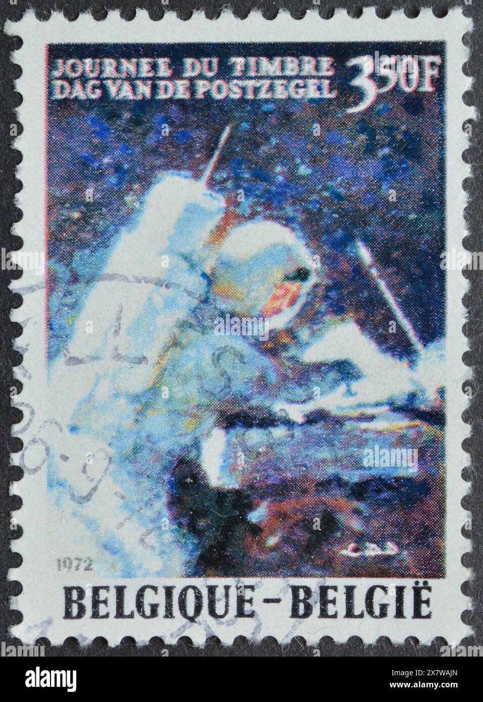 Timbre-poste oblitéré imprimé par la Belgique, qui montre David Randolph Scott sur la Lune, vers 1972. Banque D'Images