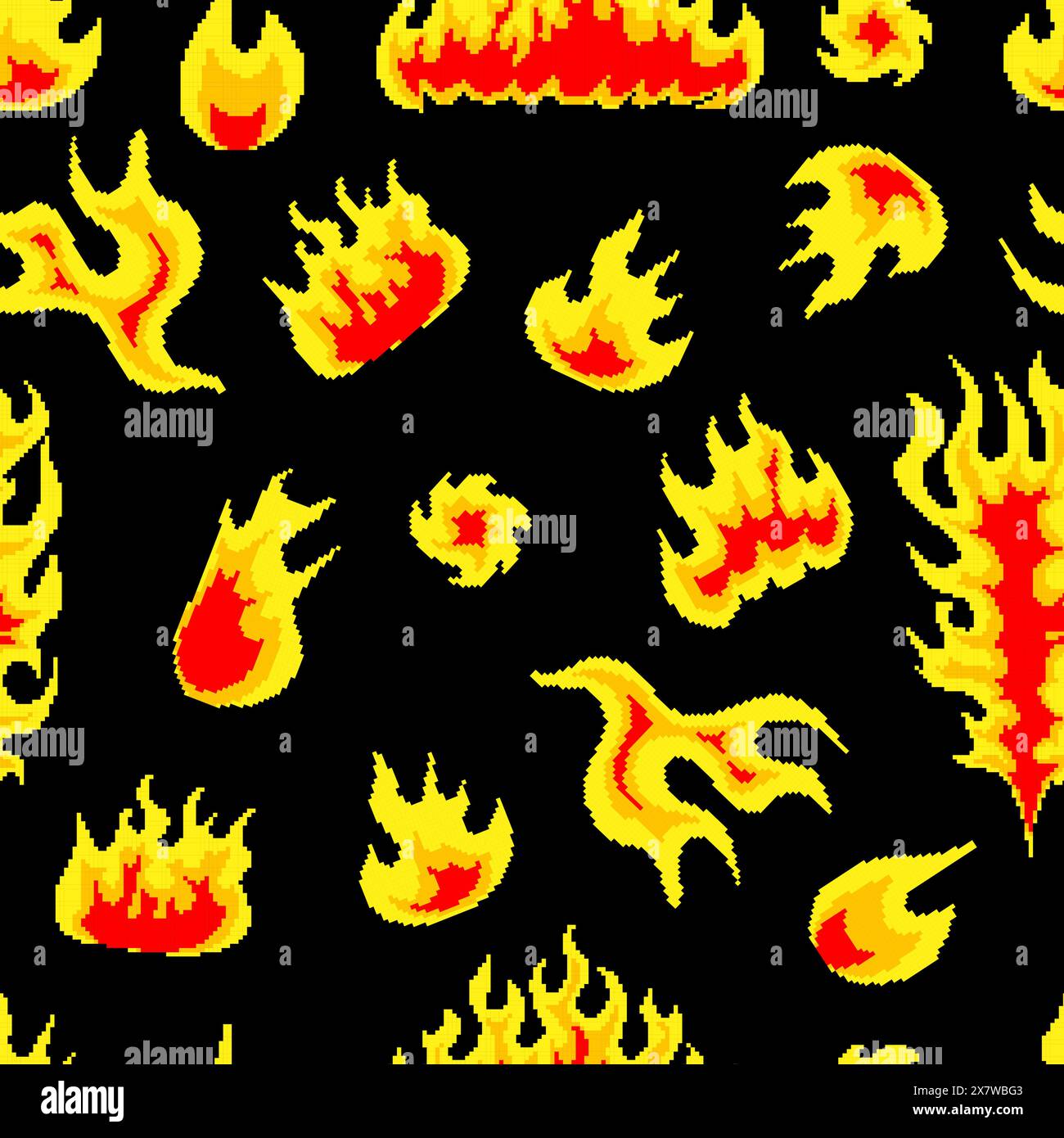 Explosion nucléaire. Motif sans couture. Objets de feu 8 bits Pixel art. Nuage de champignon. Icônes de jeu définies. Effets de flamme comiques de grand boom. Allumée correspond à et Illustration de Vecteur