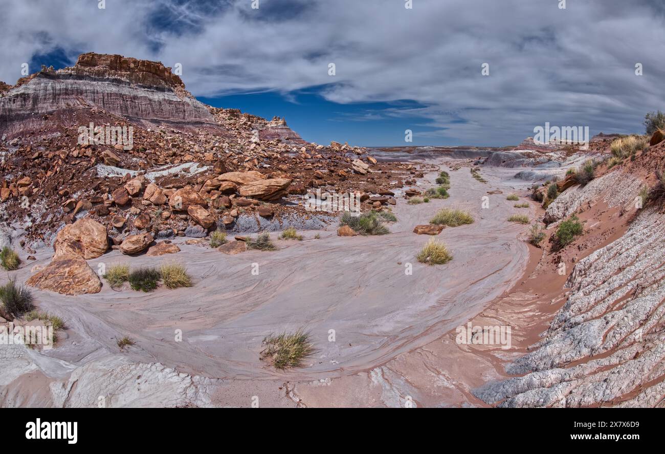 Le Billings Gap surplombe sur la gauche sur le côté est de Blue Mesa dans le parc national Petrified Forest en Arizona. Banque D'Images