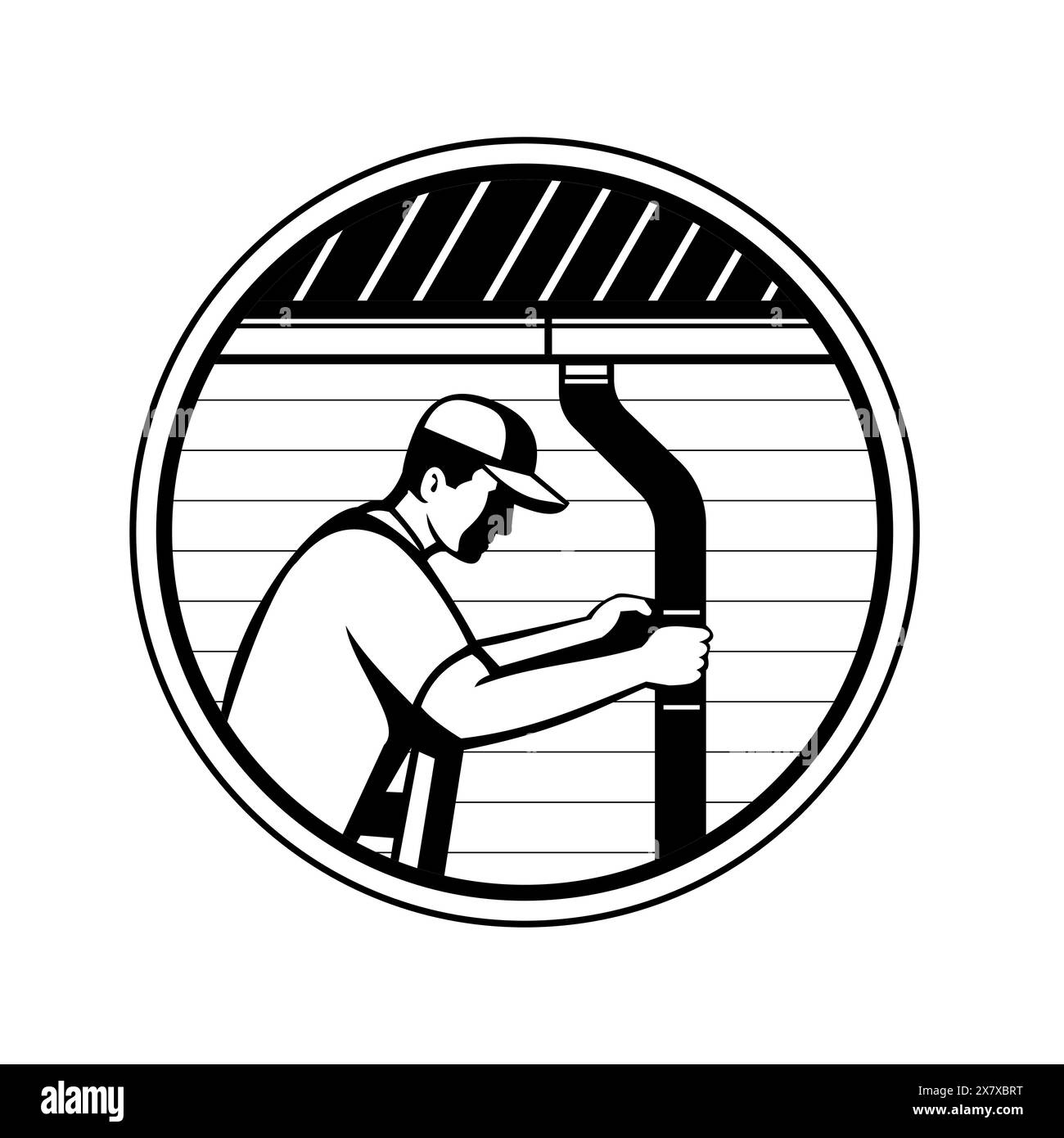 Illustration de style rétro d'un plombier de toit ou d'un entrepreneur de toit qui installe des gouttières, des tuyaux de descente sur une maison résidentielle ou des bâtiments commerciaux à l'intérieur d'un cercle Illustration de Vecteur