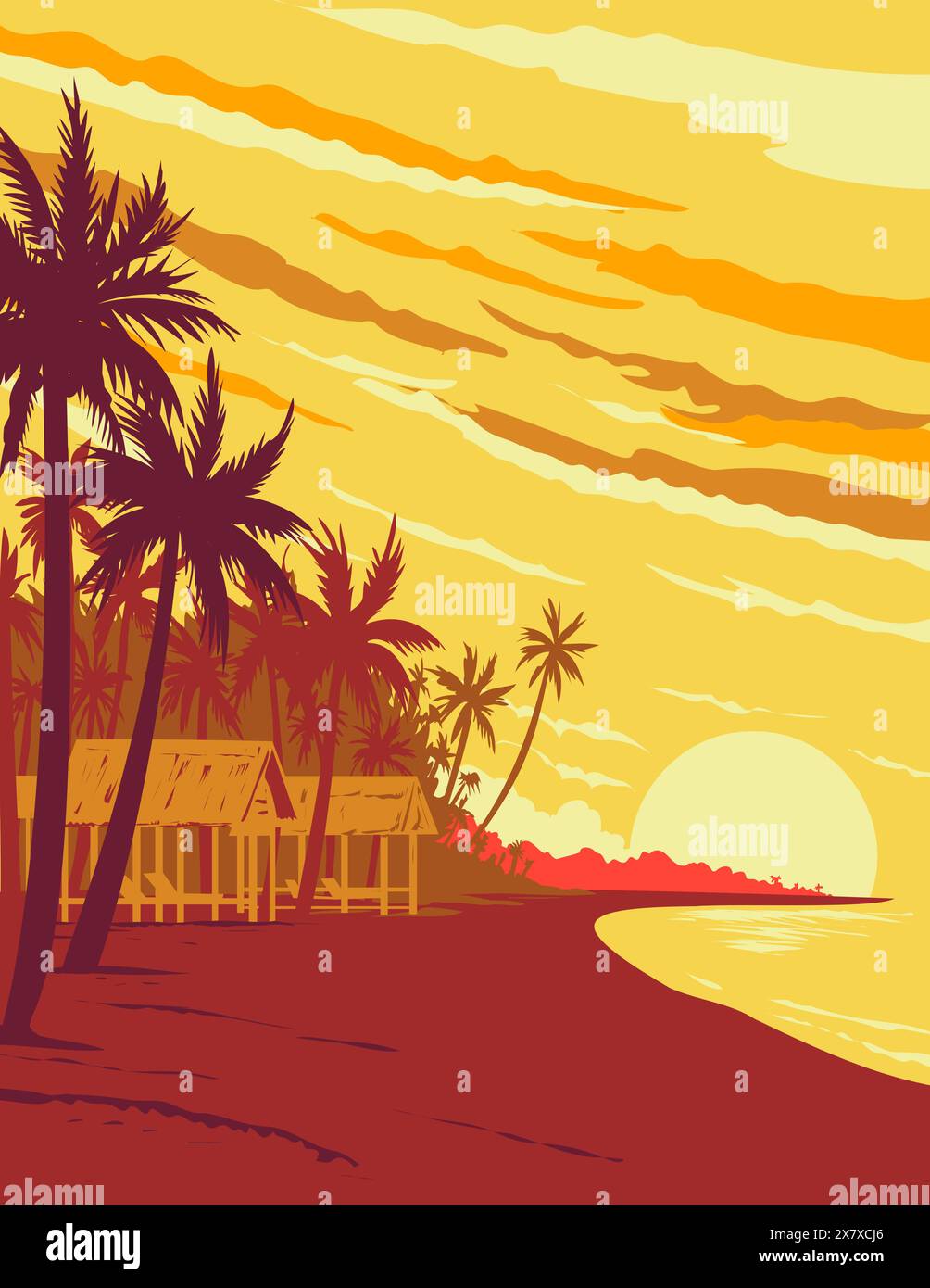 WPA affiche art d'une plage dans l'île de Phu Quoc pendant le coucher du soleil dans la province de Kien Giang situé dans le golfe de Thaïlande au Vietnam fait dans les travaux projet adm Illustration de Vecteur