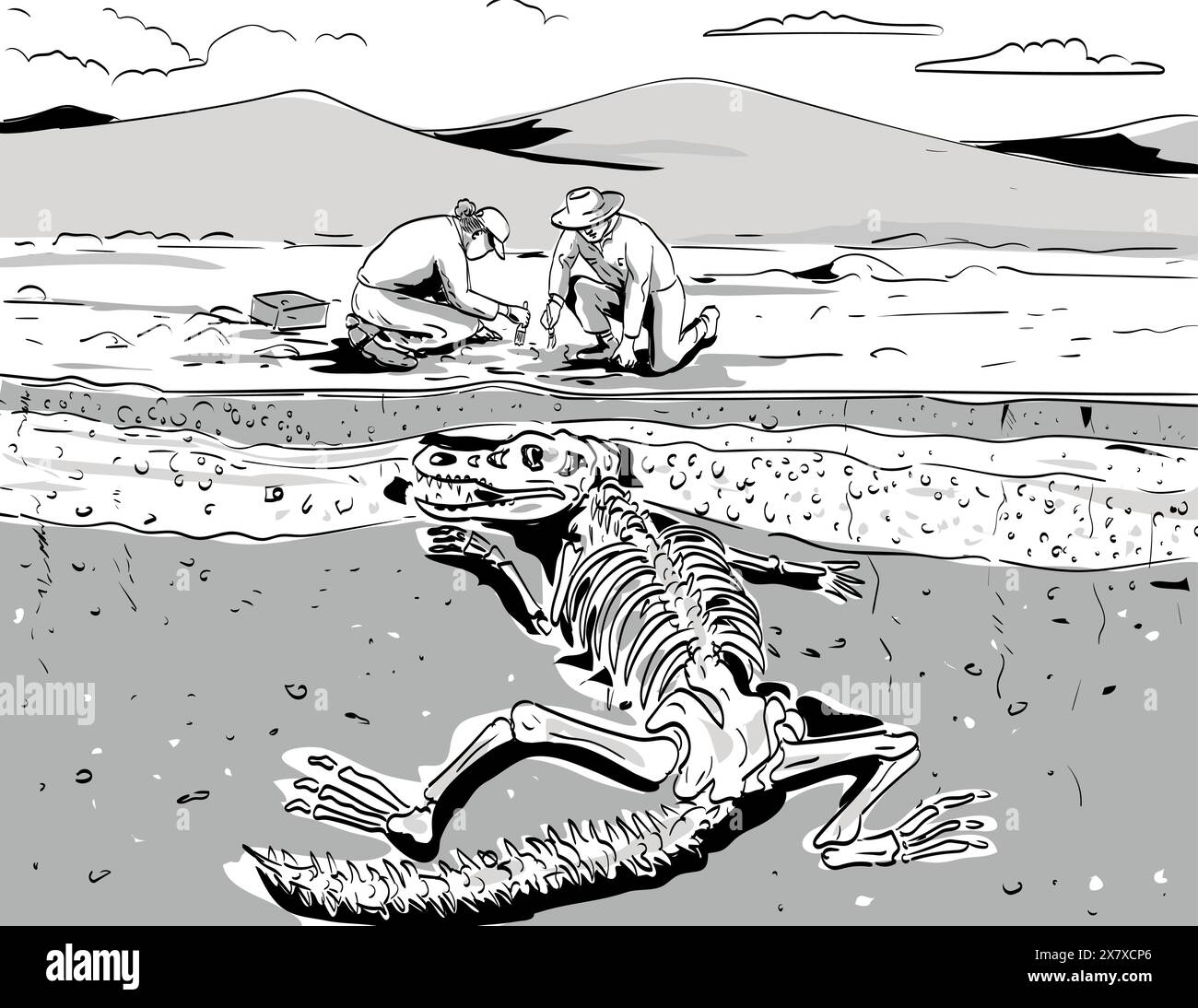 Dessin de style BD ou illustration de l'archéologue creusant des os fossiles de dinosaures préhistoriques dans le désert sous des couches de roches sédimentaires d Illustration de Vecteur