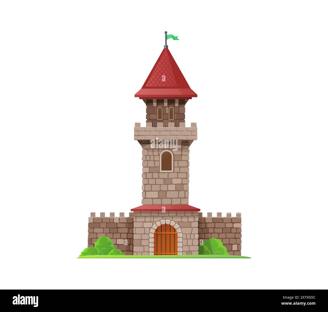 Château de dessins animés, palais du Royaume avec une tour de pierre, toit conique rouge, drapeau vert, et invitant porte en bois voûtée. Forteresse médiévale vecteur isolé, bâtiment de conte de fées au champ avec de petits buissons verts Illustration de Vecteur