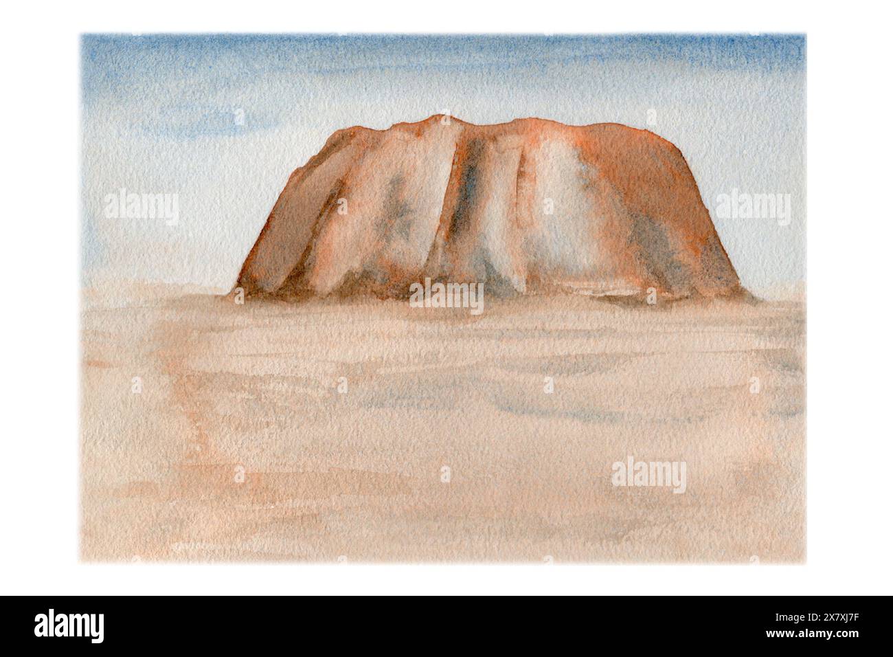Paysage australien en toile de fond. Formation rocheuse du cœur rouge. Peinture désert avec sable et ciel. Esquisse d'aquarelle dessinée à la main. Fond de montagne Uluru Banque D'Images
