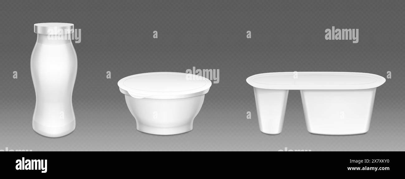 Maquette de tasse de yogourt en plastique. Emballage de pot de crème blanche pour yaourt. pot vierge 3d pour maquette de boîte à dessert. Emballage alimentaire rond fermé avec couvercle pour ensemble isolé de produits laitiers sucrés. Boîte de snack réaliste vide Illustration de Vecteur