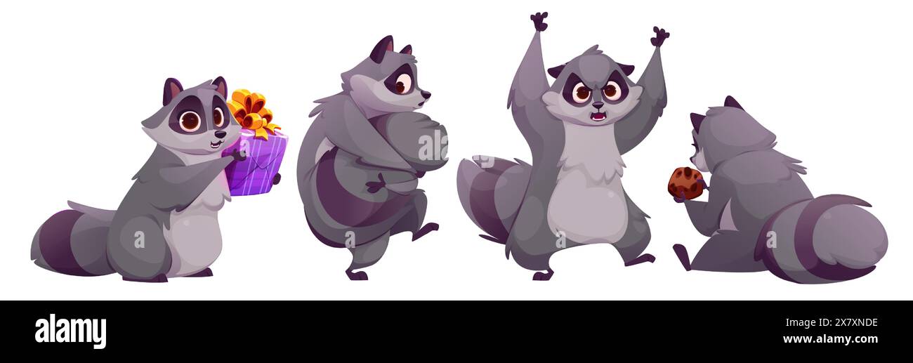 Personnage de dessin animé Racoon avec diverses expressions faciales. Mascotte d'animaux sauvages gris et noir comique avec boîte cadeau emballée, se faufiler et tenir la queue avec la patte, effrayant avec les mains levées, assis avec le cookie. Illustration de Vecteur